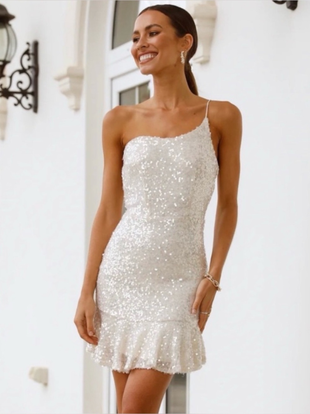 Hello Molly Glimmer Babe Dress Cream Sequin Ruffle One Shoulder Sz S NWT Hoco